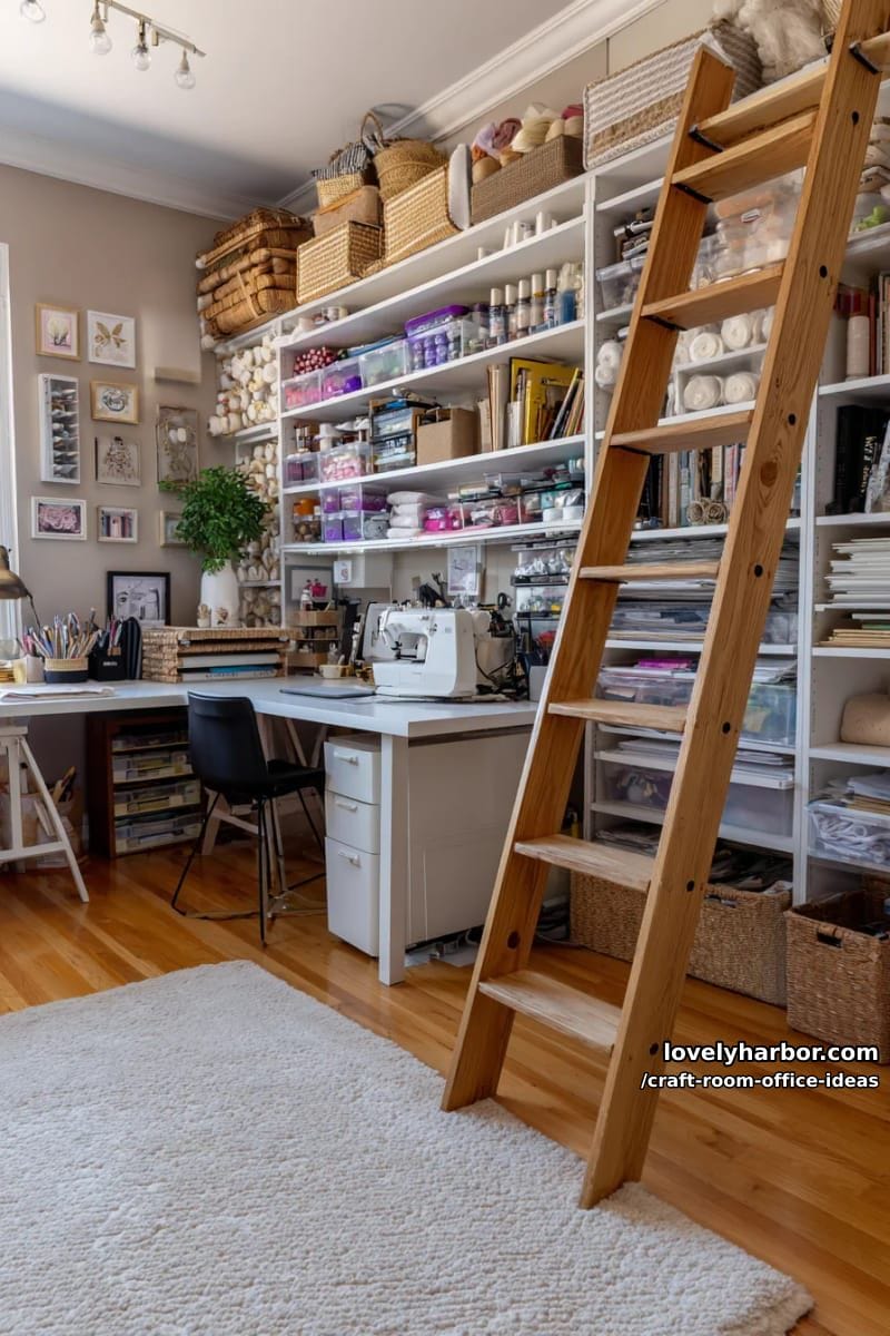 tall library ladder for reaching upper craft storage and adding creative flair 1