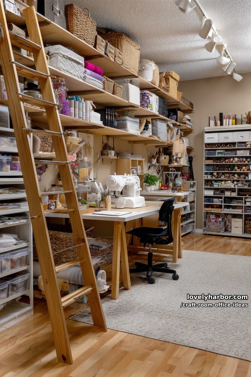 tall library ladder for reaching upper craft storage and adding creative flair 1