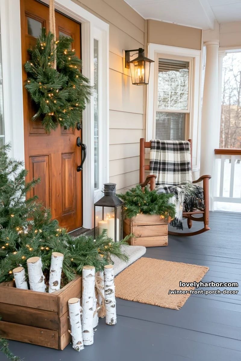 tall rustic farmhouse crates filled with winter greenery and birch logs 1