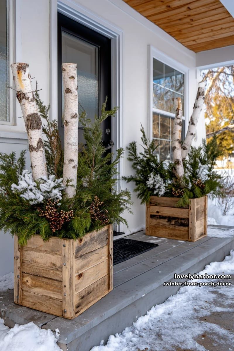 tall rustic farmhouse crates filled with winter greenery and birch logs 1