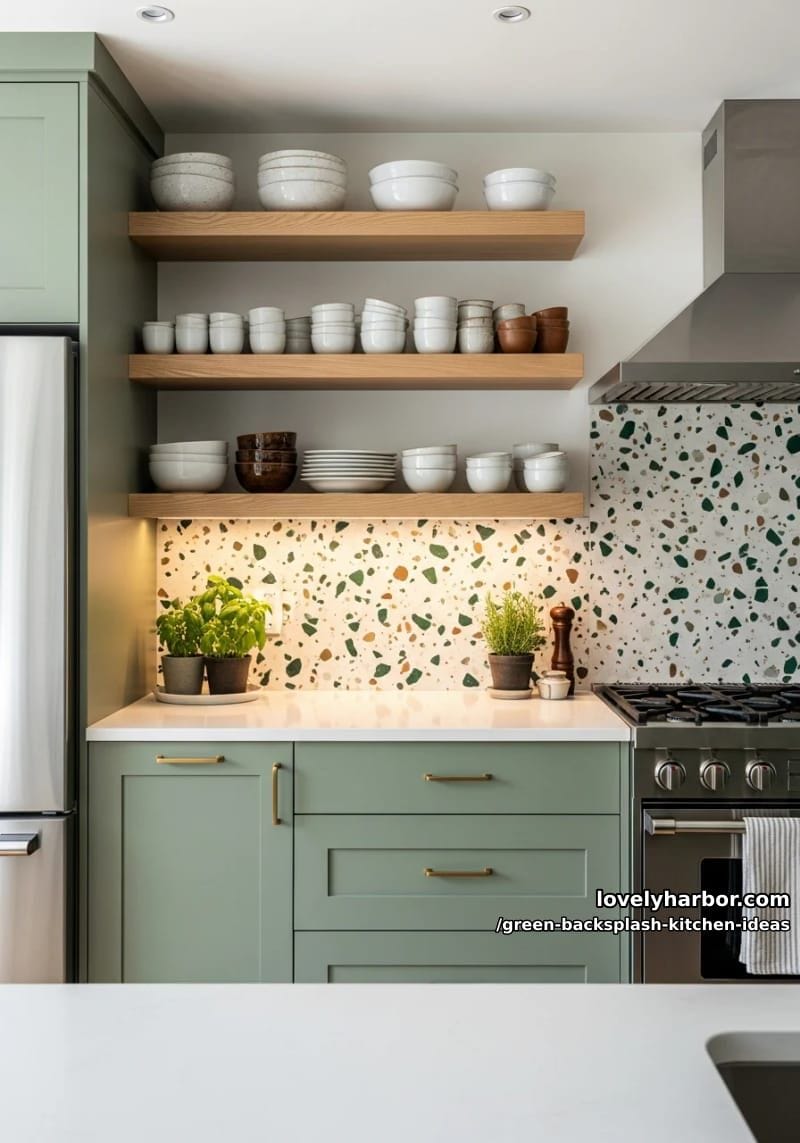 terrazzo backsplash with green, cream, and brown aggregates. 1