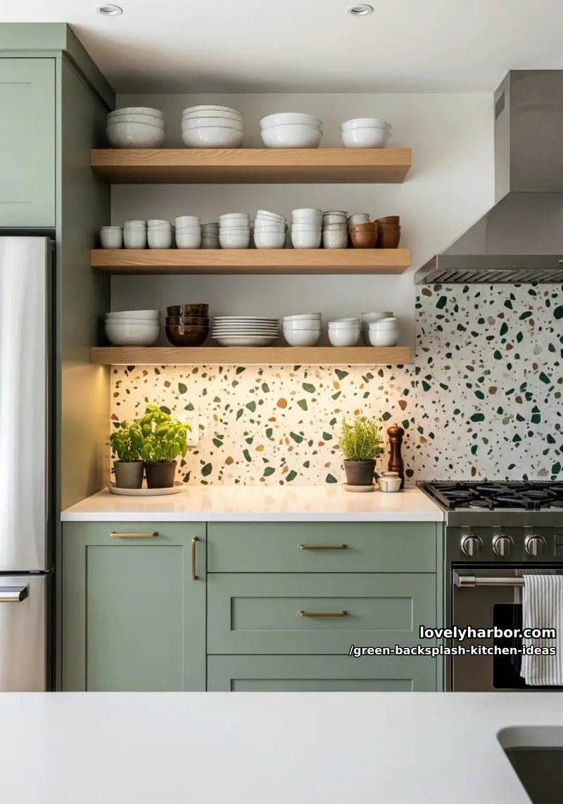 15 Green Backsplash Ideas for Modern Kitchens 32 terrazzo backsplash with green, cream, and brown aggregates. 1