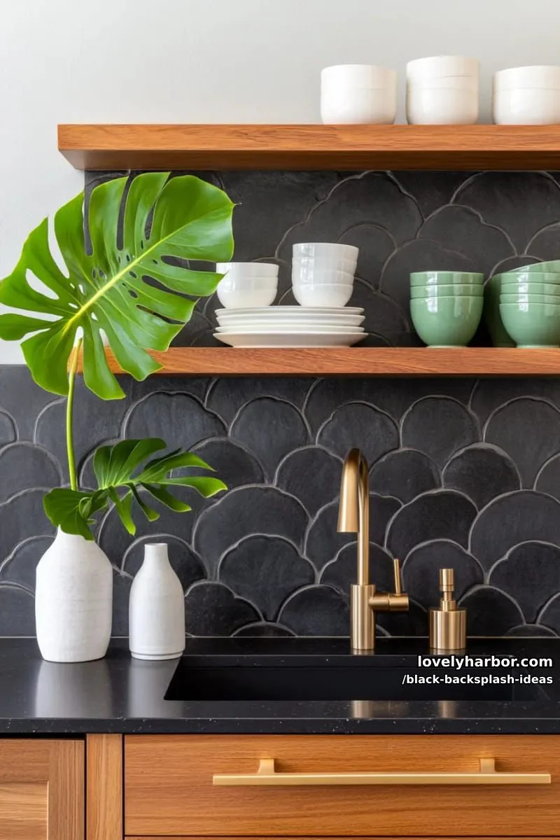 textured matte black scallop tiles for an unexpected art deco touch 1