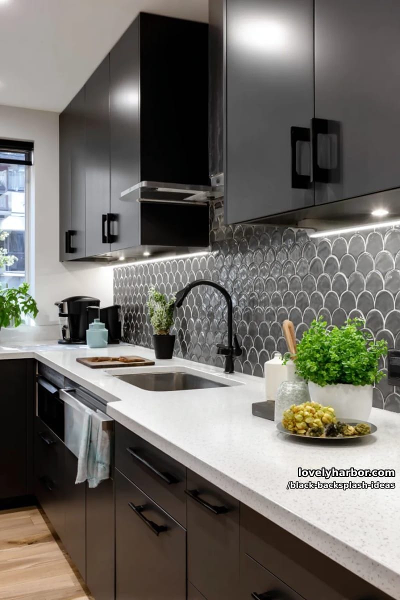 15 Black Backsplash Design Ideas for a Stylish Kitchen 12 textured matte black scallop tiles for an unexpected art deco touch 1