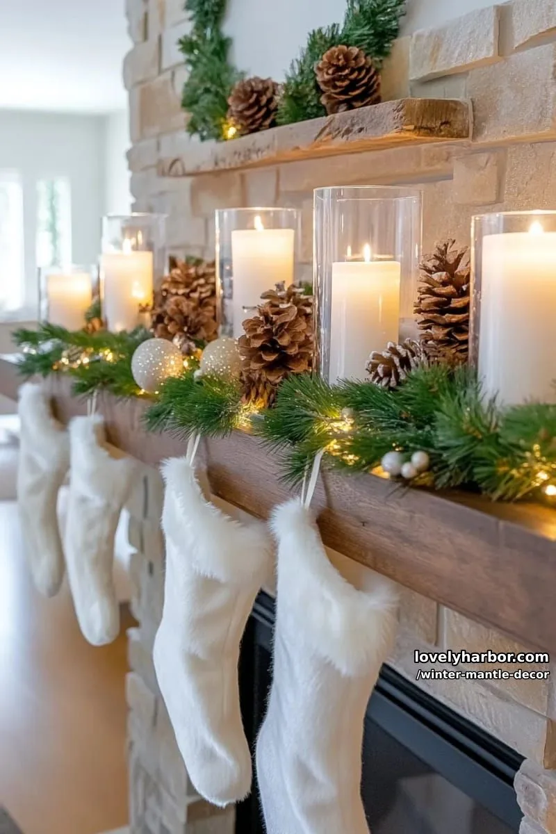 15 Stylish Winter Mantel Looks to Elevate Your Home 25 textured mix of faux fur stockings, clear glass candleholders, and pine sprigs. 1