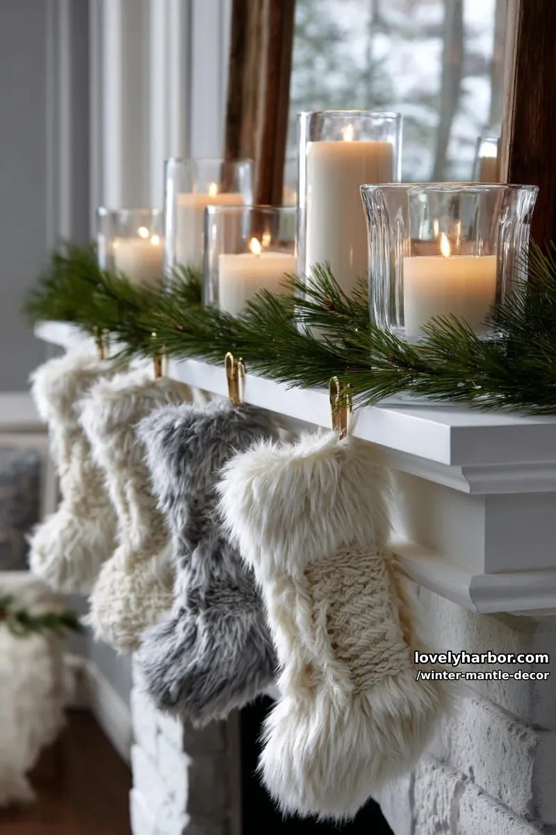15 Stylish Winter Mantel Looks to Elevate Your Home 26 textured mix of faux fur stockings, clear glass candleholders, and pine sprigs. 1