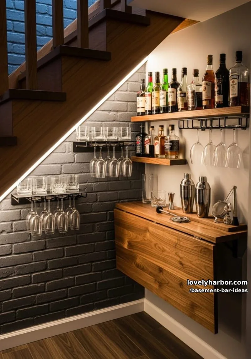 15 Modern Basement Bar Design Ideas for Comfy Entertaining 35 tiny bar nook tucked beneath staircase with glassware racks and fold-down counter 1