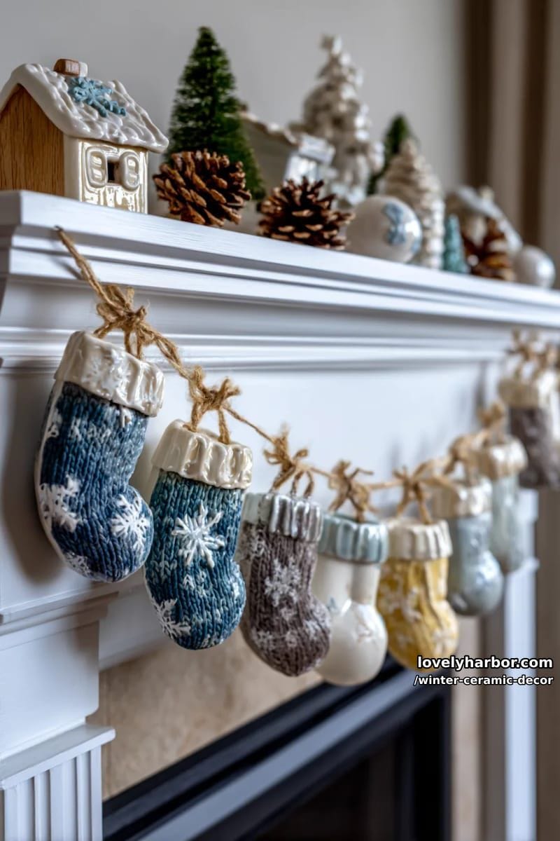 tiny ceramic mittens and sweater garlands strung across the mantel 1