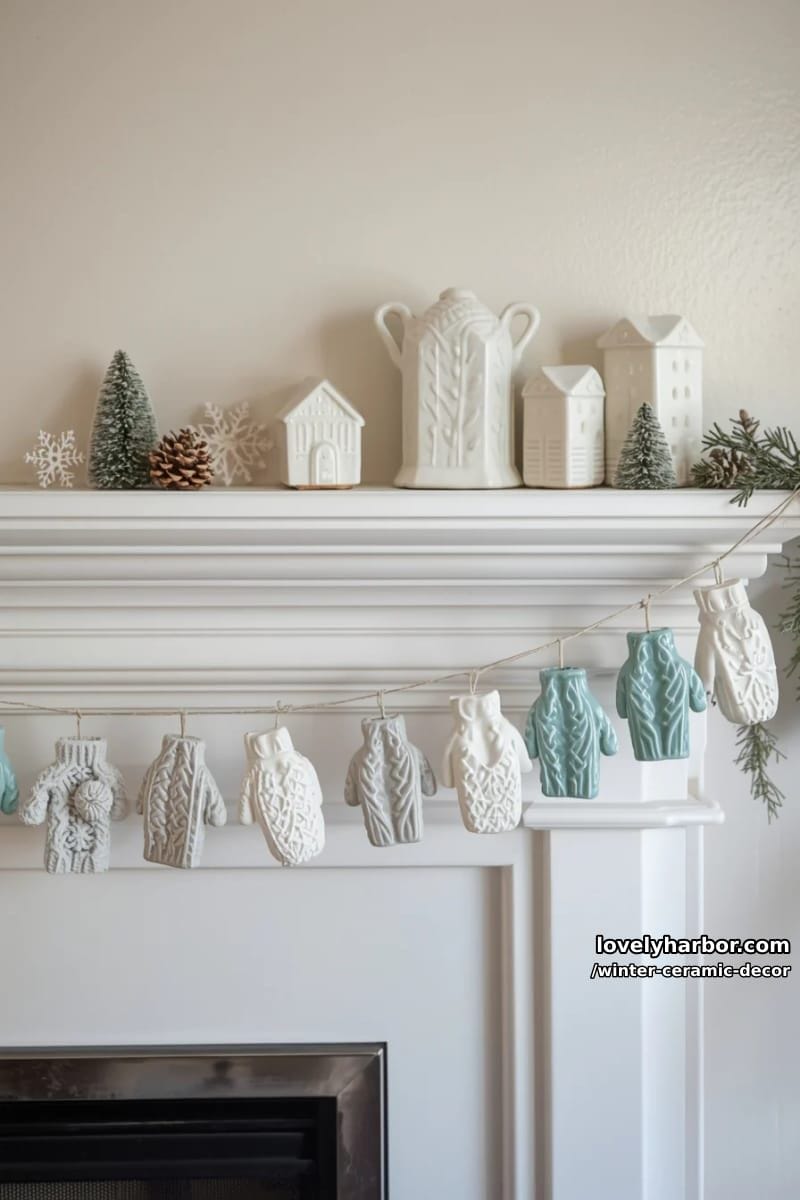 tiny ceramic mittens and sweater garlands strung across the mantel 1