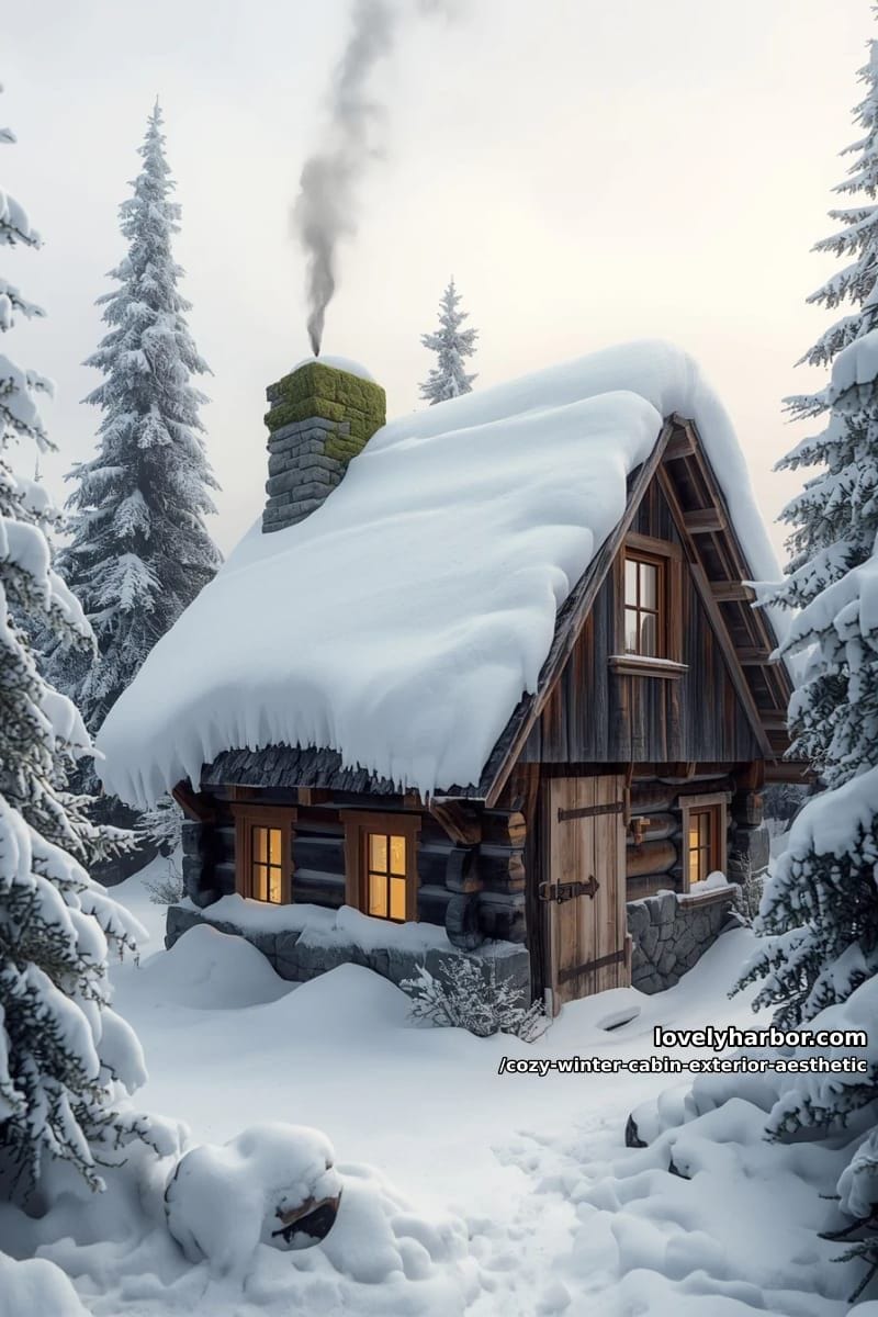 tiny snowy cottage with smoke curling from a mossy stone chimney 1