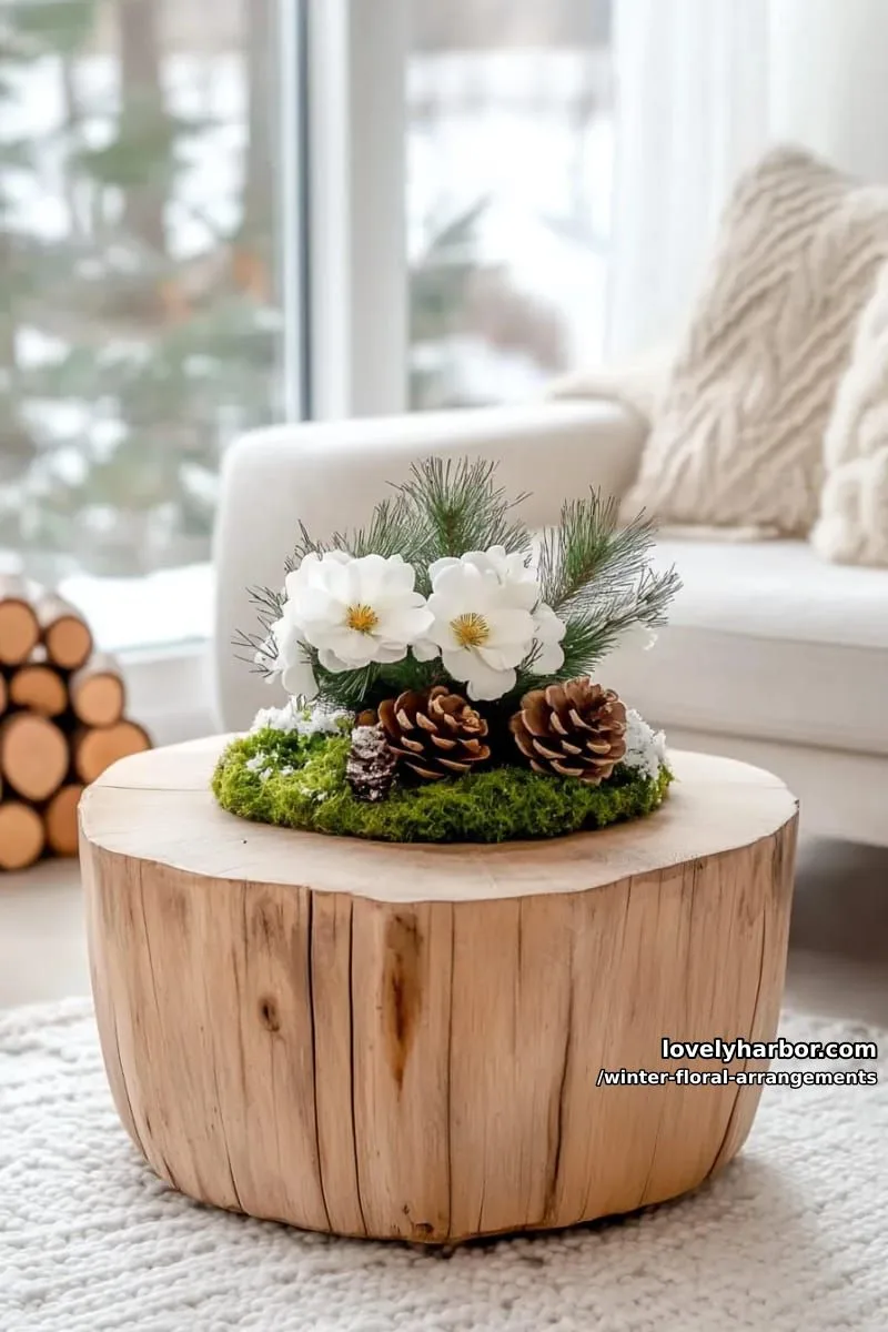 tiny woodland vignette with moss, snowy pine boughs, and petite white blooms 1