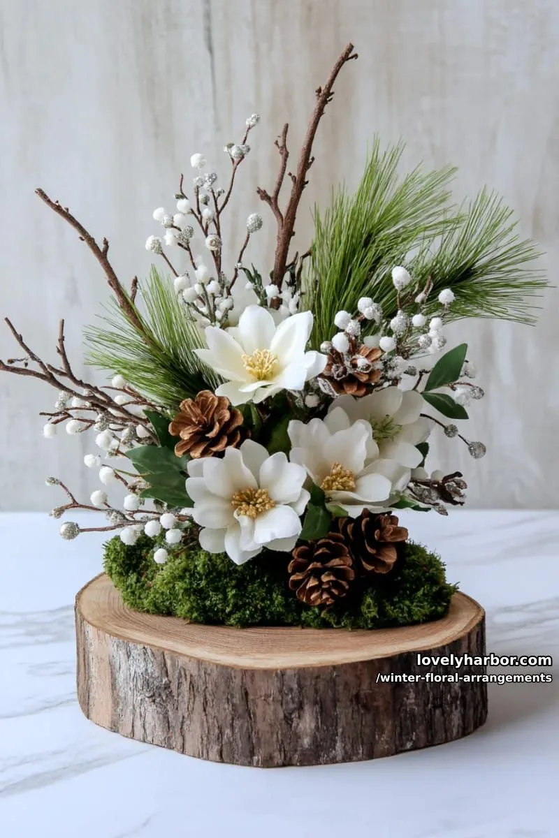 tiny woodland vignette with moss, snowy pine boughs, and petite white blooms 1