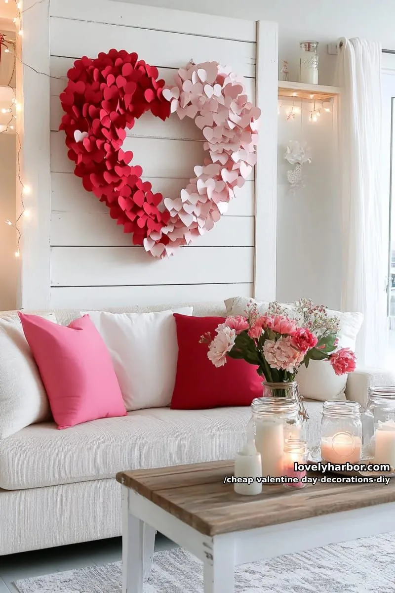 tissue paper heart wreath with layered ombré pinks and reds 1