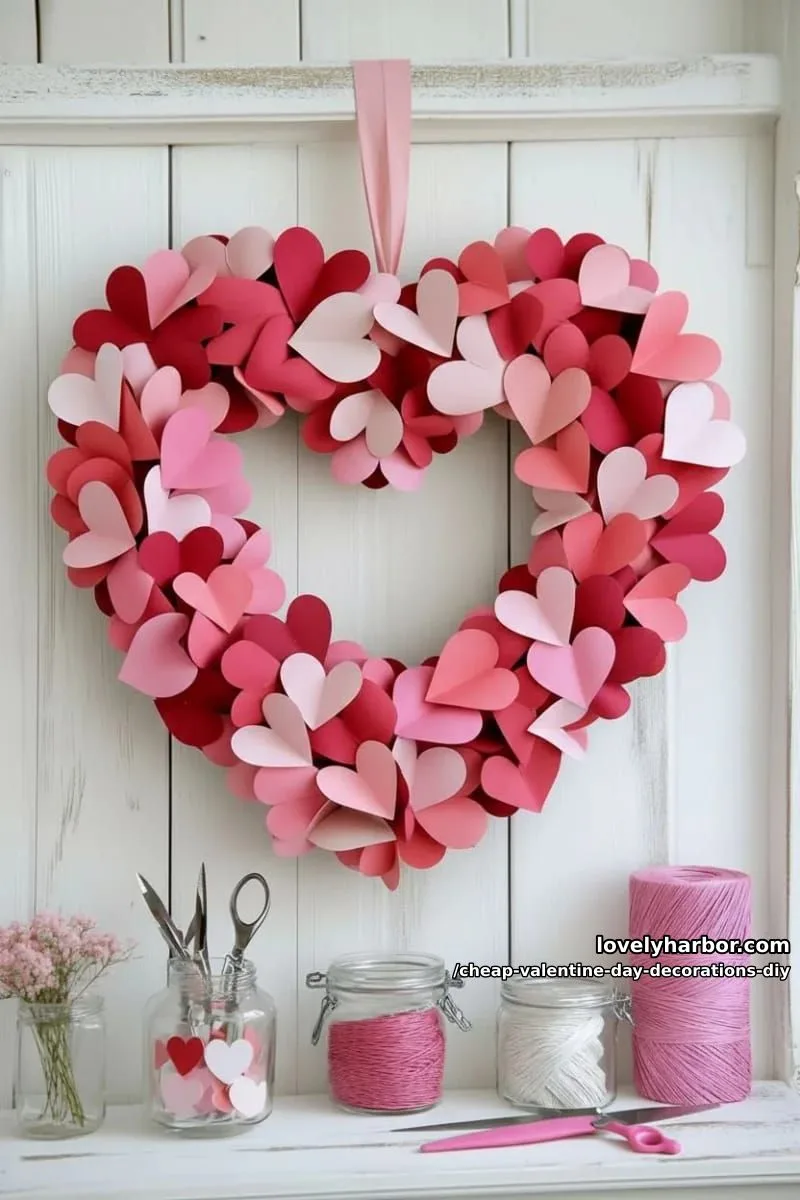 tissue paper heart wreath with layered ombré pinks and reds 1
