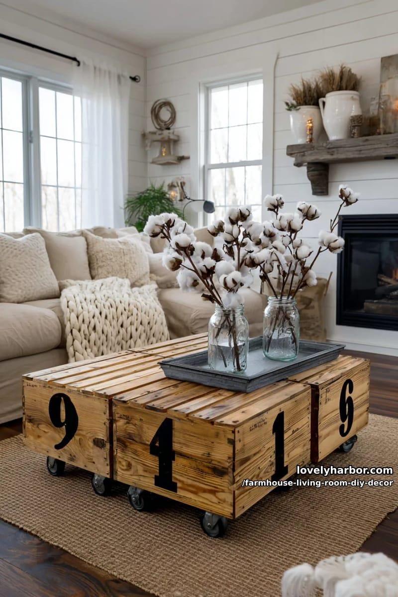 15 Farmhouse Living Room DIY Decor Ideas for a Cozy Space 13 transform crates into a rolling coffee table with stenciled farmhouse numbers. 1