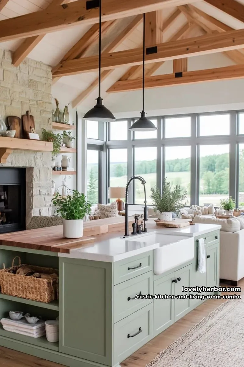 two-tone cabinetry in sage green and whitewashed oak across kitchen-living boundary 1