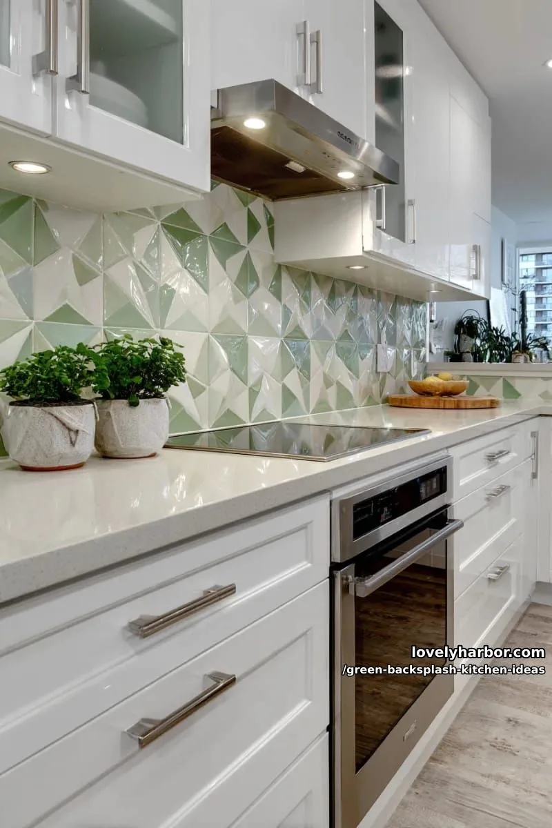 15 Green Backsplash Ideas for Modern Kitchens 31 two-tone mint and white tiles creating a fresh, retro statement wall. 1