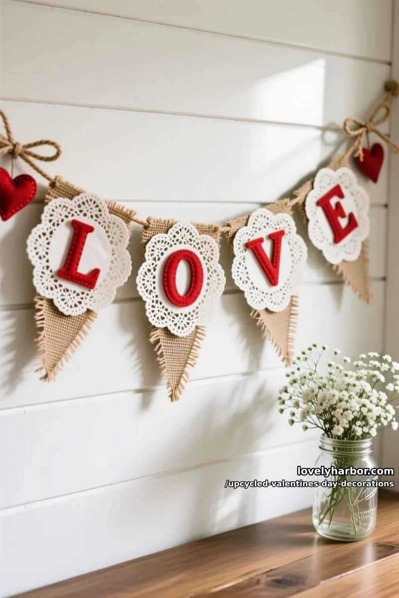 upcycled doily and burlap love banner for a cozy farmhouse valentine’s touch 1