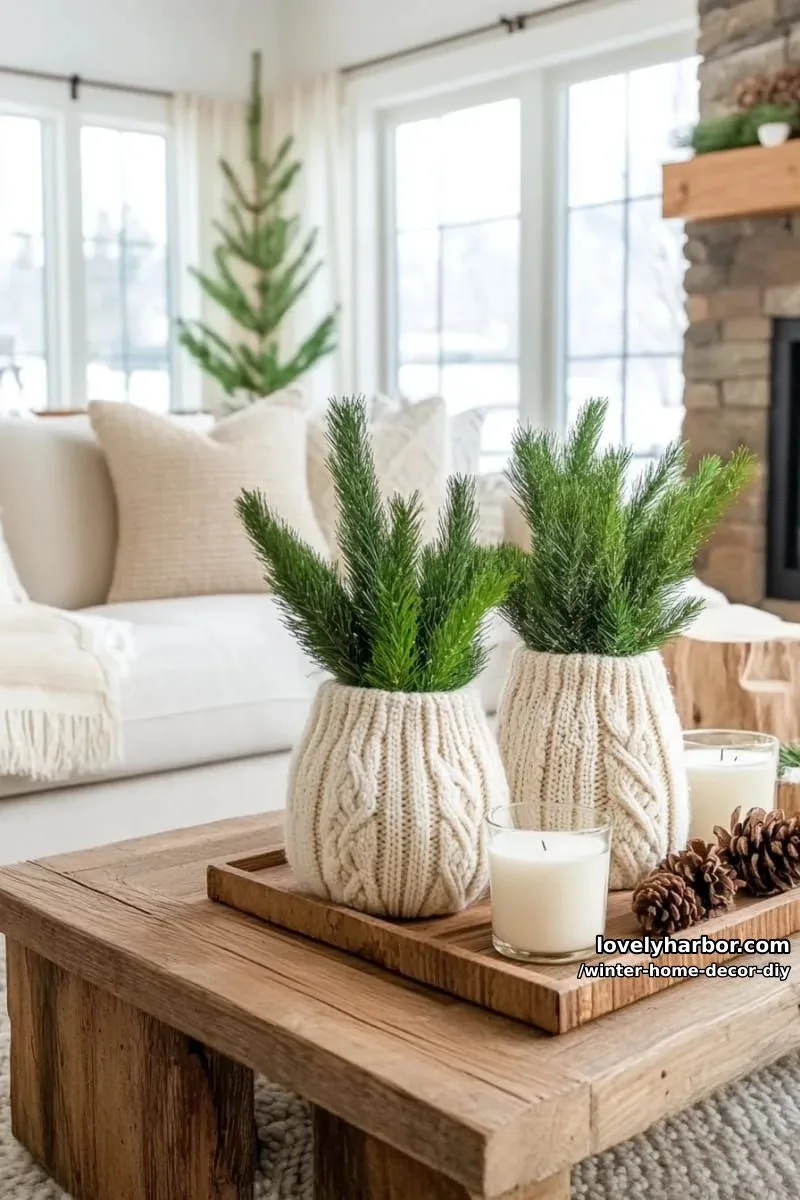 upcycled sweater sleeve vases with pine sprigs for a snug, artisan look 1