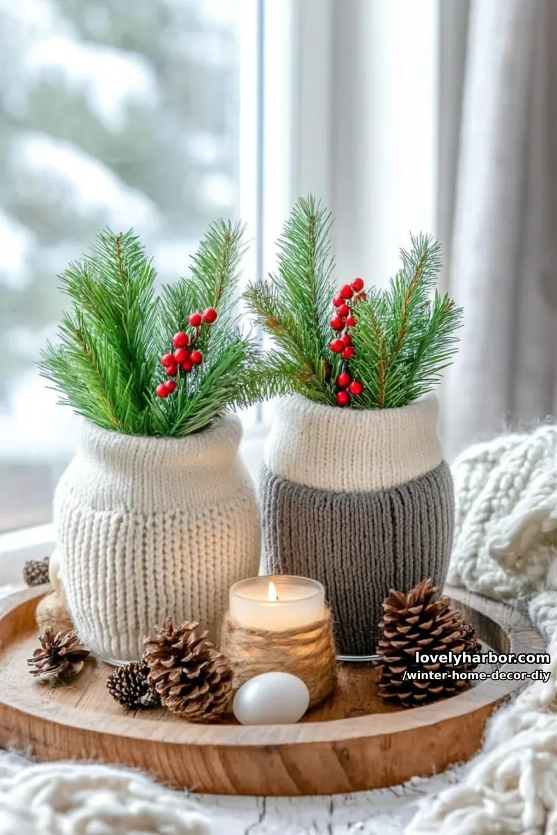 upcycled sweater sleeve vases with pine sprigs for a snug, artisan look 1