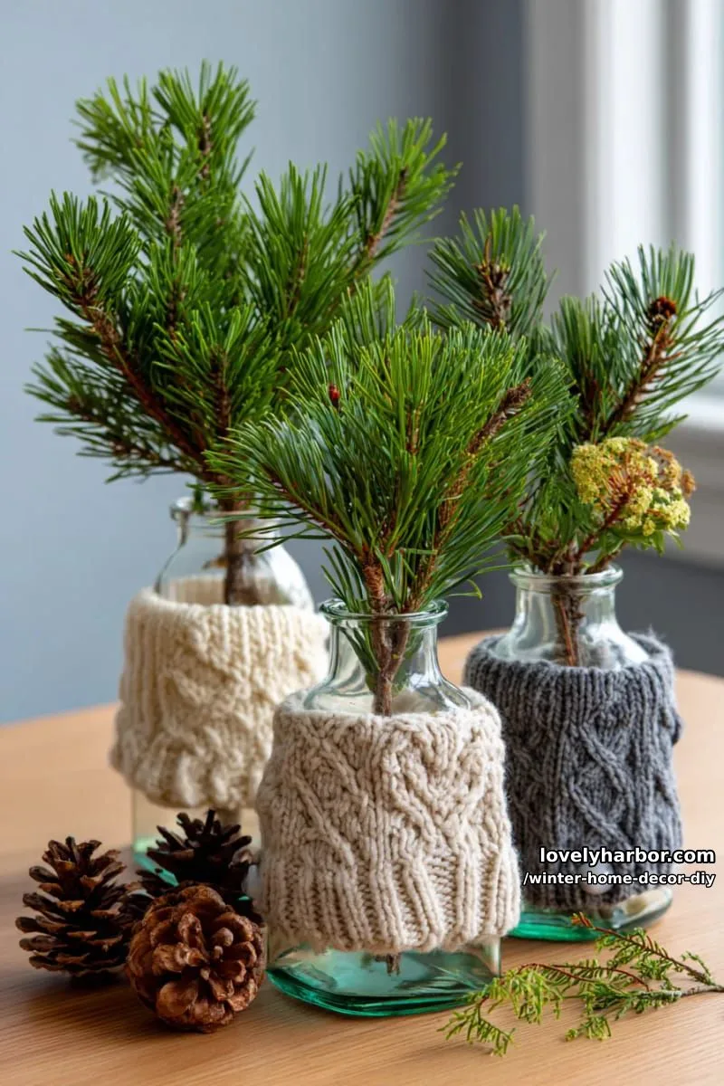 upcycled sweater sleeve vases with pine sprigs for a snug, artisan look 1