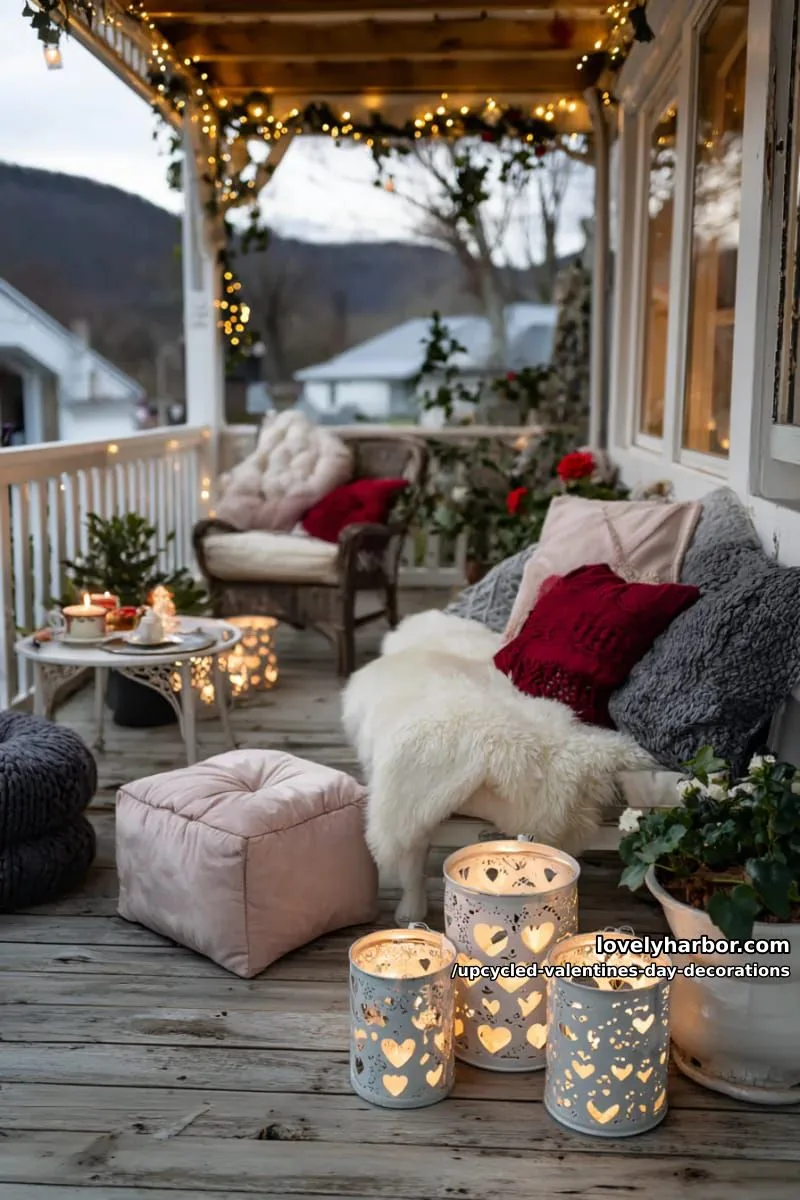 upcycled tin can luminaries with cut-out heart shapes glowing on the porch 1