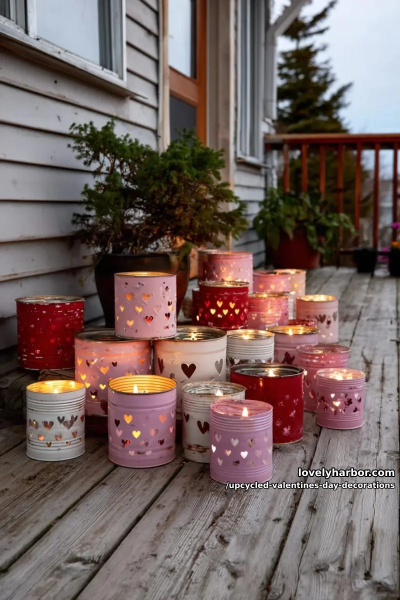 upcycled tin can luminaries with cut-out heart shapes glowing on the porch 1