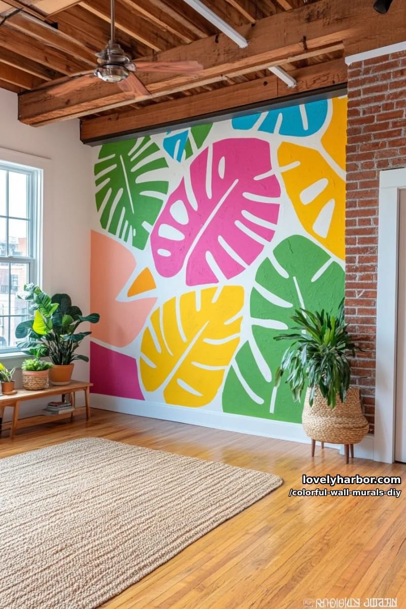 urban jungle mural with graphic leaves and geometric color pops 1