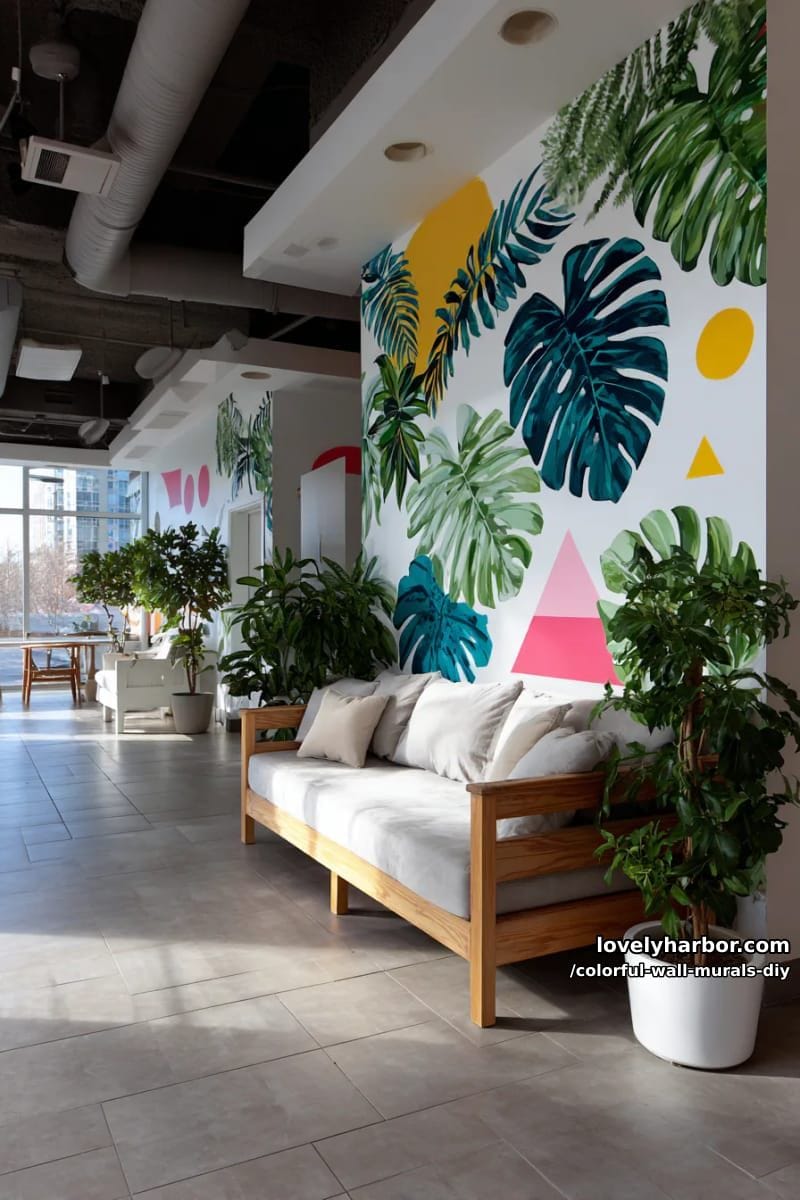 urban jungle mural with graphic leaves and geometric color pops 1