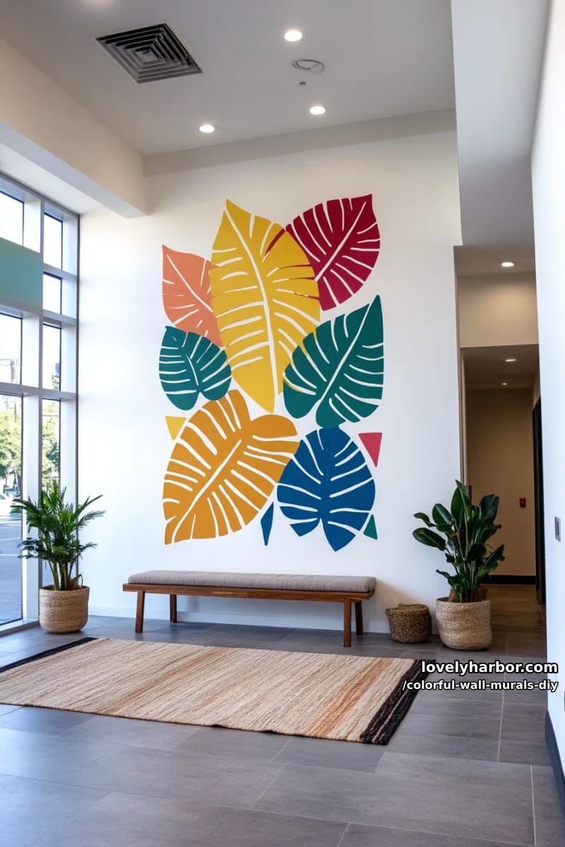 urban jungle mural with graphic leaves and geometric color pops 1
