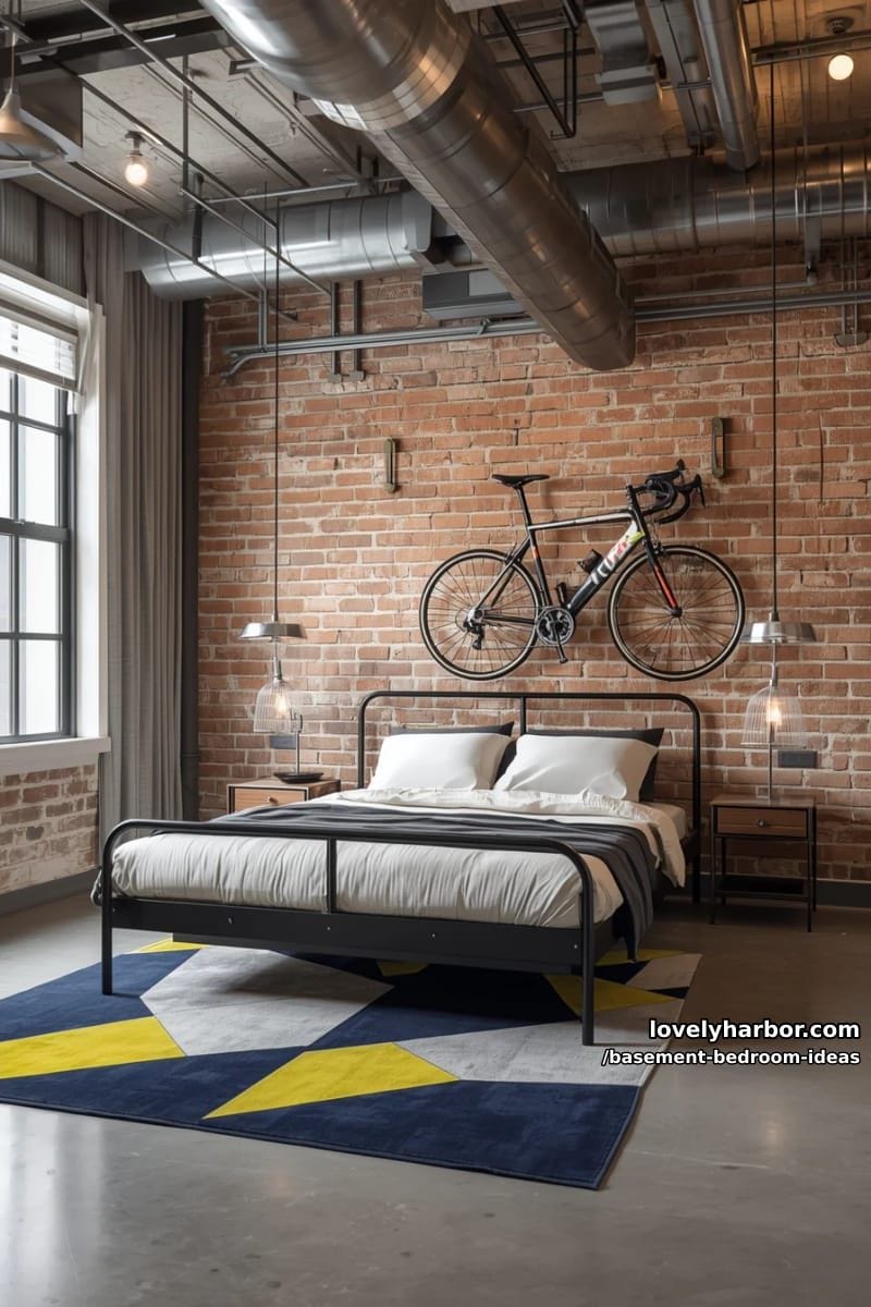 urban loft look: metal bed frame, wall-mounted bike rack, and geometric rug 1