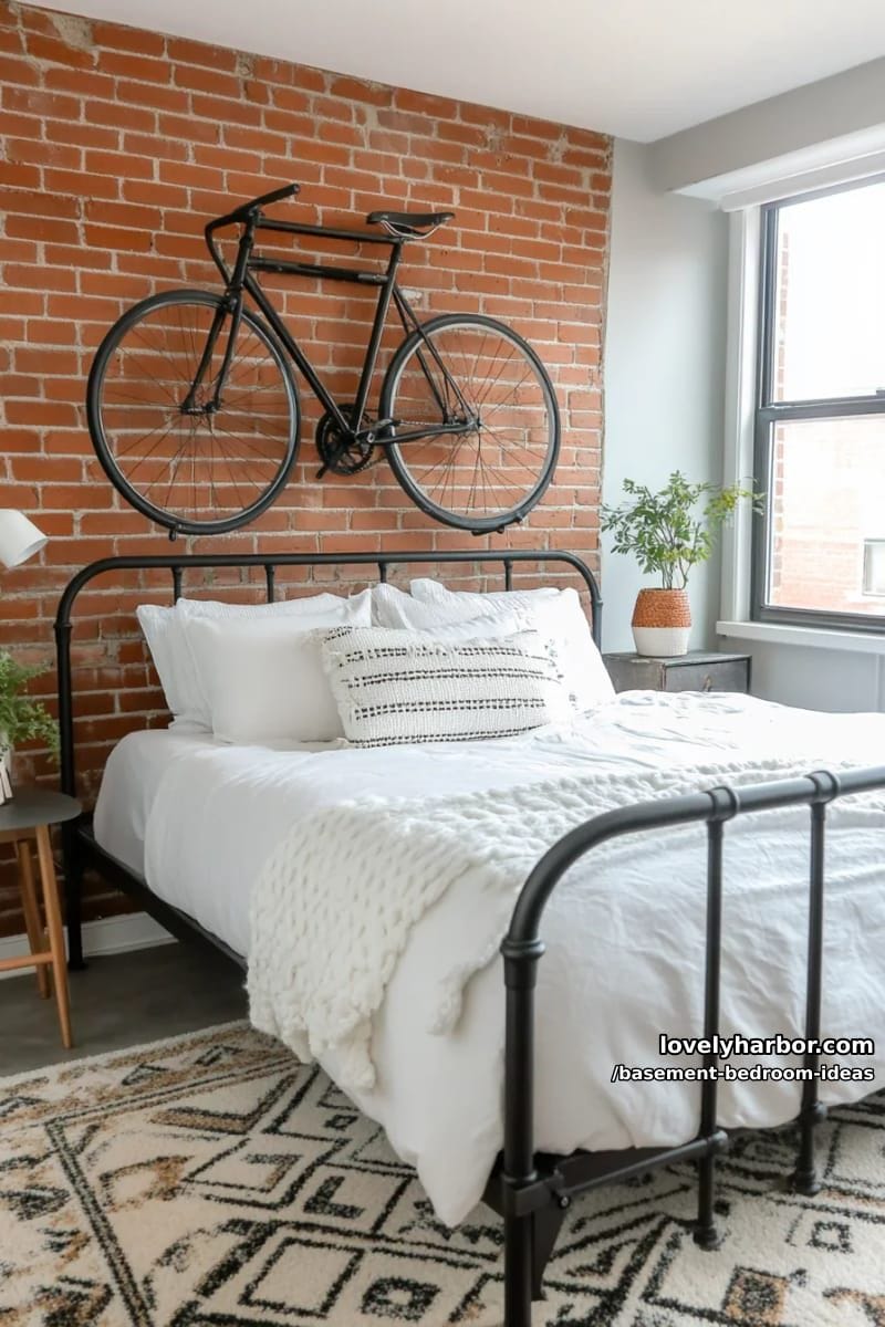 urban loft look: metal bed frame, wall-mounted bike rack, and geometric rug 1