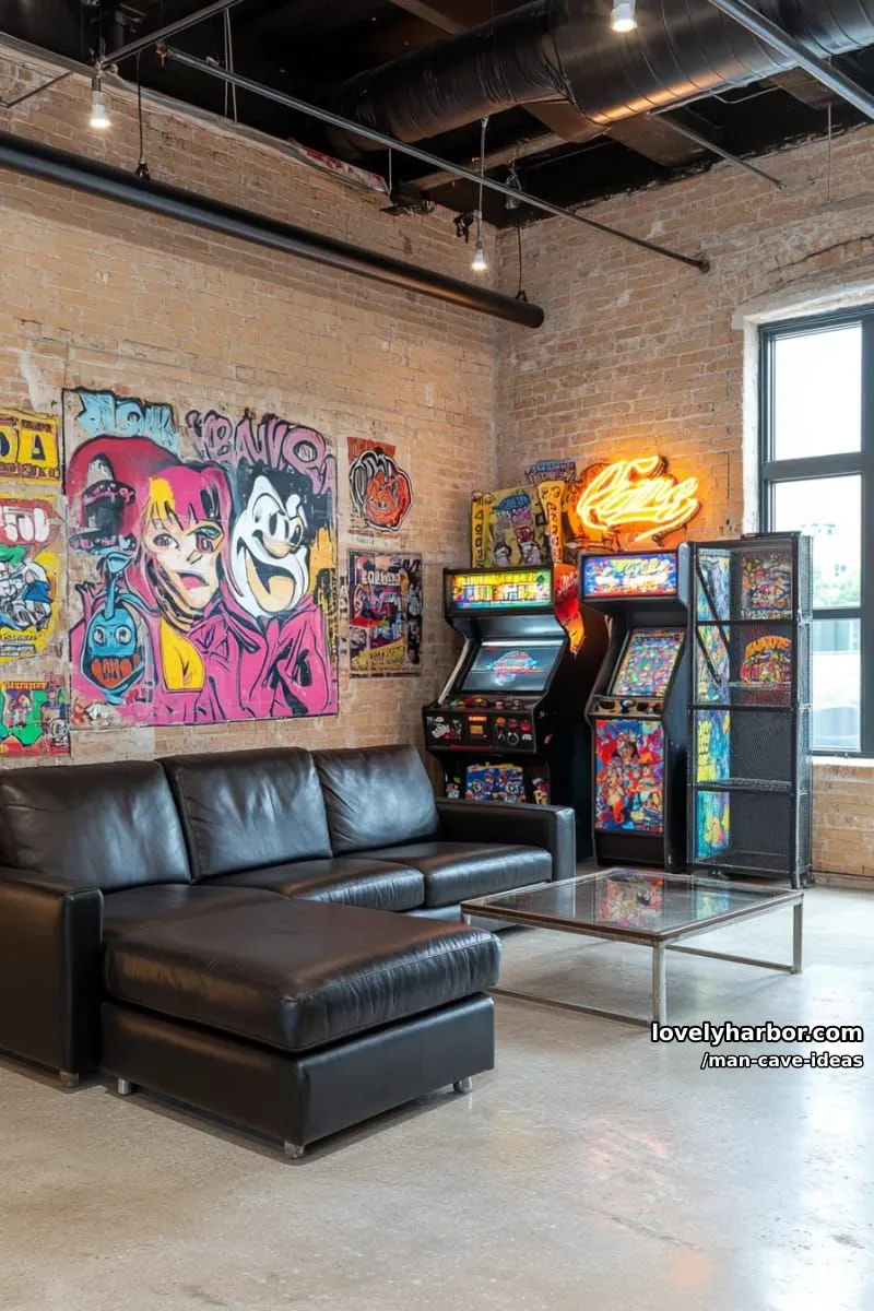 15 Classy Man Cave Ideas to Personalize Your Space 25 urban loft man cave with exposed ceiling pipes and graffiti-inspired wall murals 1