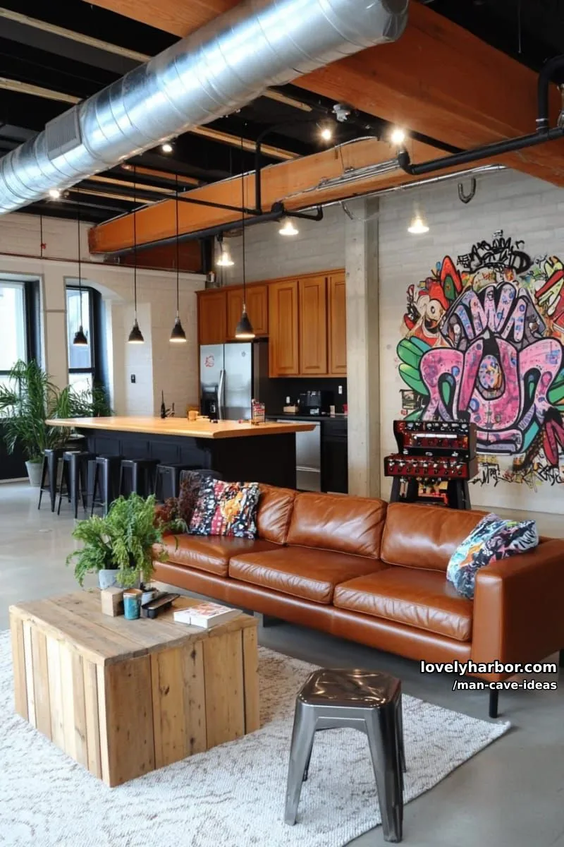 15 Classy Man Cave Ideas to Personalize Your Space 26 urban loft man cave with exposed ceiling pipes and graffiti-inspired wall murals 1