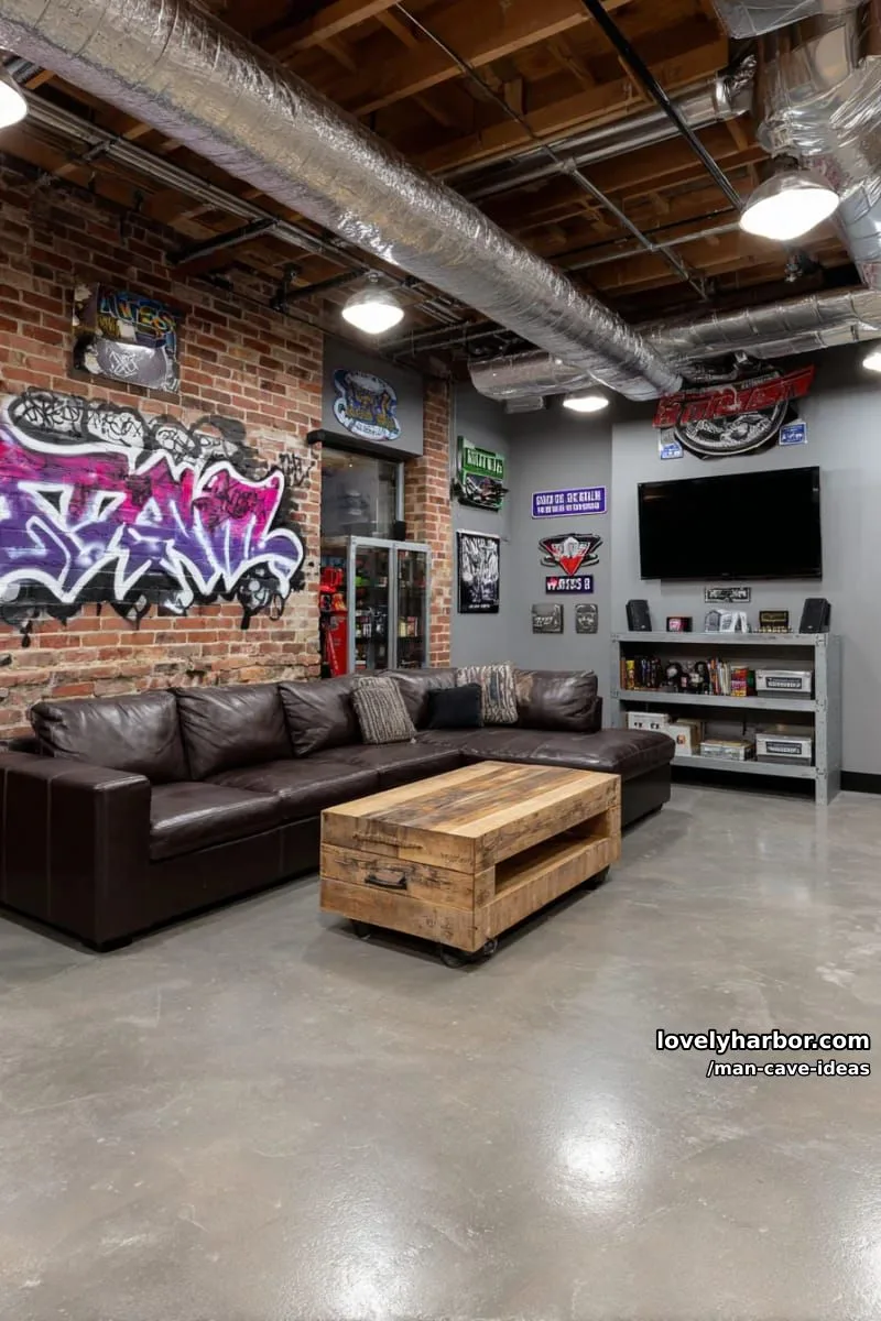15 Classy Man Cave Ideas to Personalize Your Space 27 urban loft man cave with exposed ceiling pipes and graffiti-inspired wall murals 1