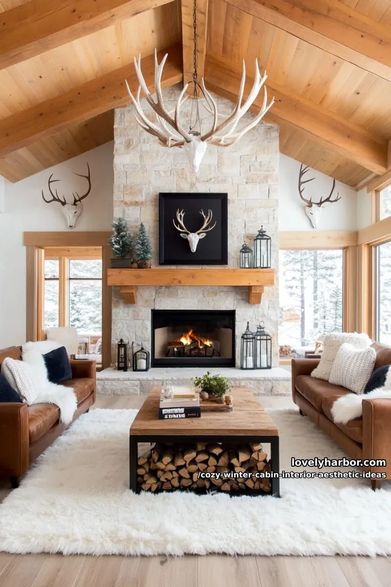 15 Cozy Winter Cabin Interior Ideas for an Aesthetic Retreat 35 use antler chandeliers and sheepskin rugs to channel alpine lodge coziness. 1