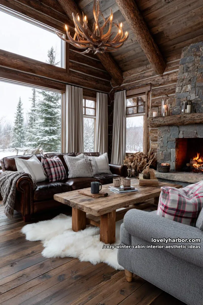 15 Cozy Winter Cabin Interior Ideas for an Aesthetic Retreat 36 use antler chandeliers and sheepskin rugs to channel alpine lodge coziness. 1