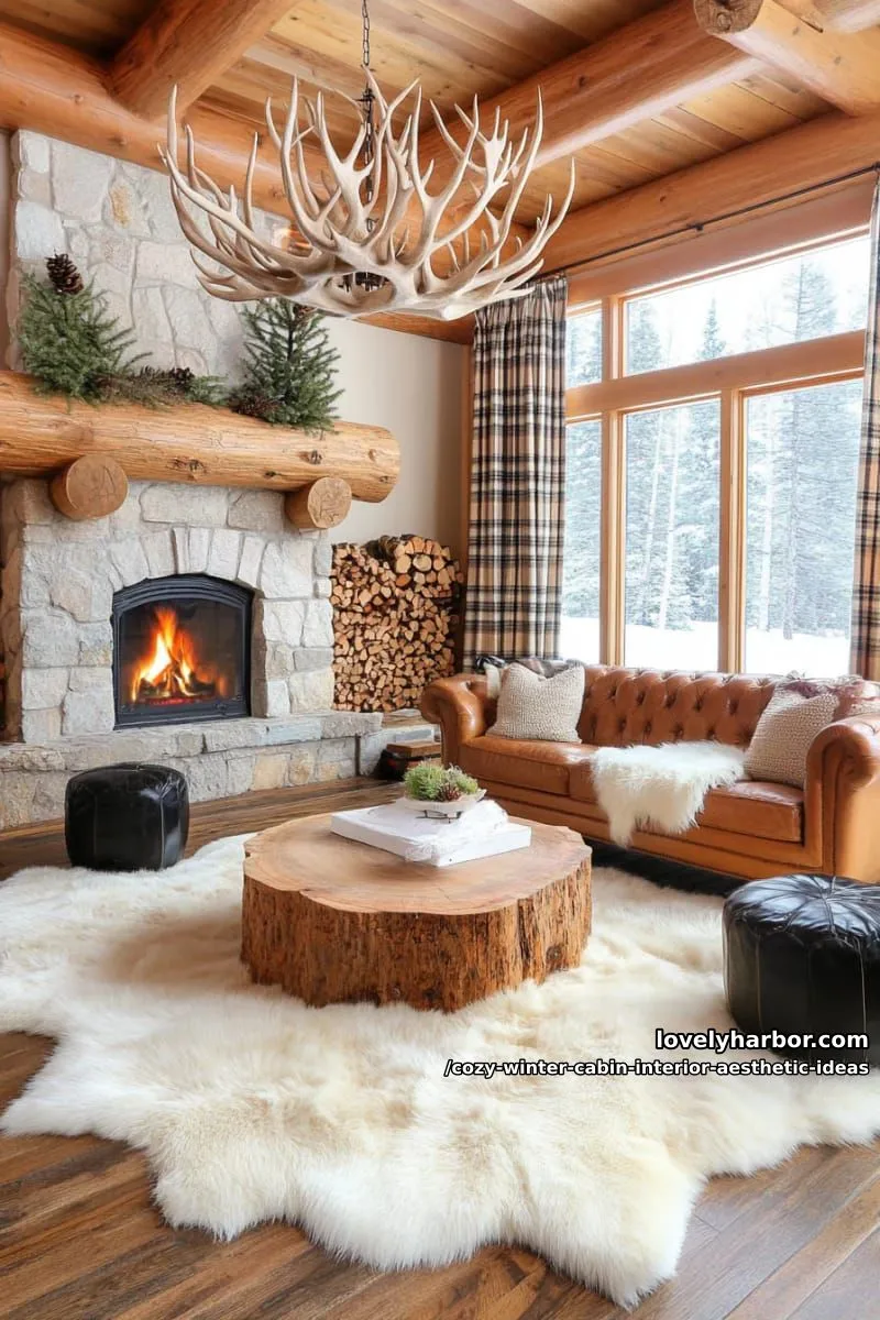 15 Cozy Winter Cabin Interior Ideas for an Aesthetic Retreat 37 use antler chandeliers and sheepskin rugs to channel alpine lodge coziness. 1