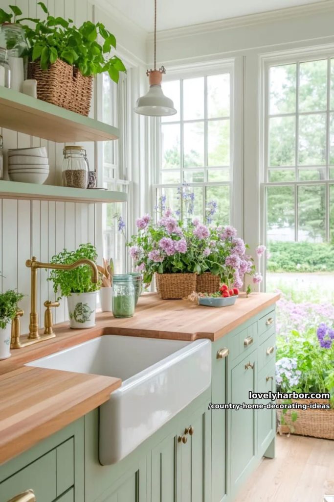 use sage green cabinets paired with butcher block countertops for a farmhouse vibe. 29