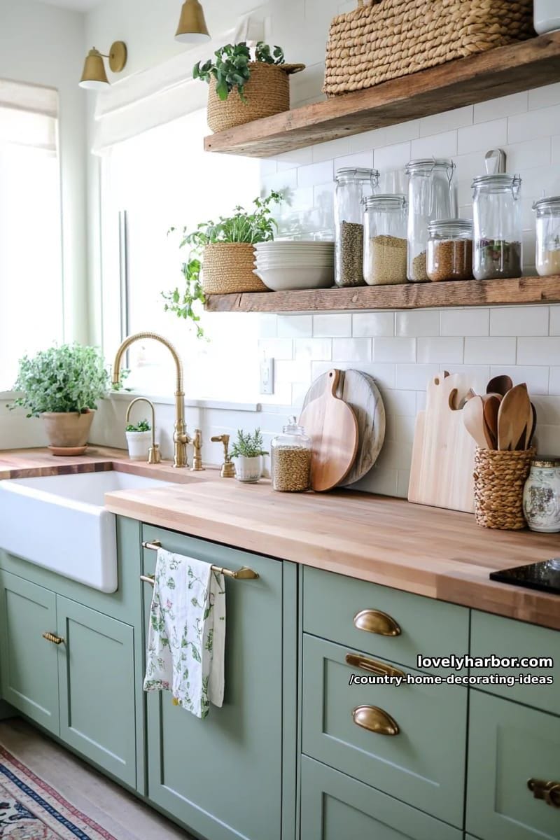 use sage green cabinets paired with butcher block countertops for a farmhouse vibe. 1