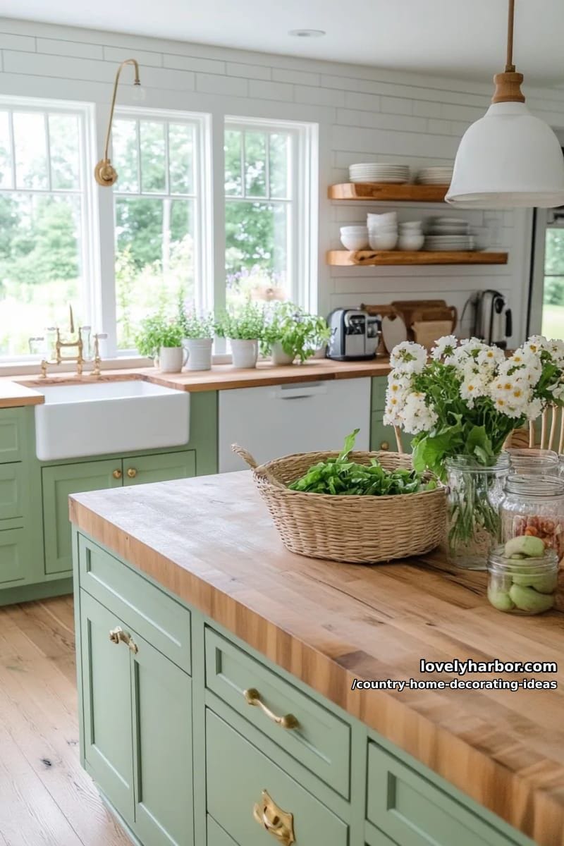 use sage green cabinets paired with butcher block countertops for a farmhouse vibe. 1