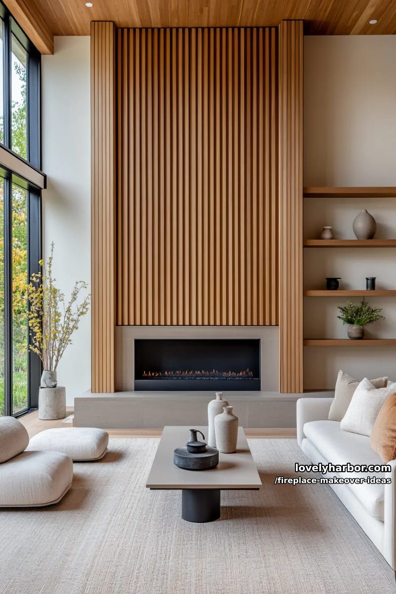 15 ideias inovadoras para reforma de lareira para uma sala de estar elegante 19 use painéis verticais de ripas de madeira para alongar e modernizar a parede da lareira. 1