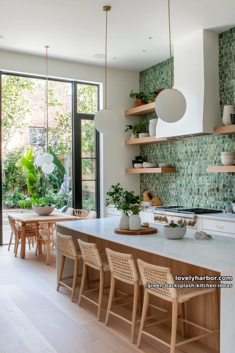 variegated green glass tiles reflecting natural light for a vibrant look. 1