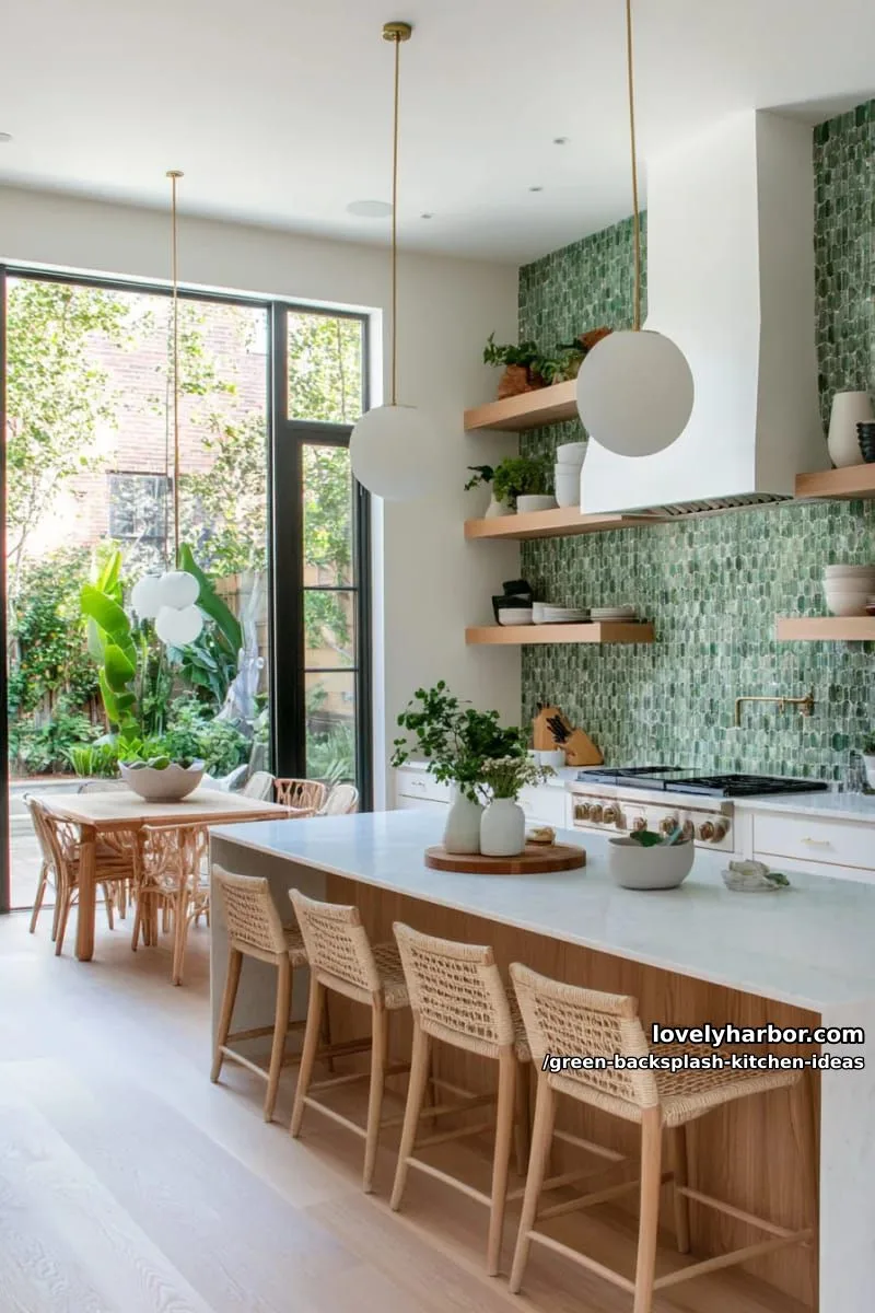 15 Green Backsplash Ideas for Modern Kitchens 18 variegated green glass tiles reflecting natural light for a vibrant look. 1