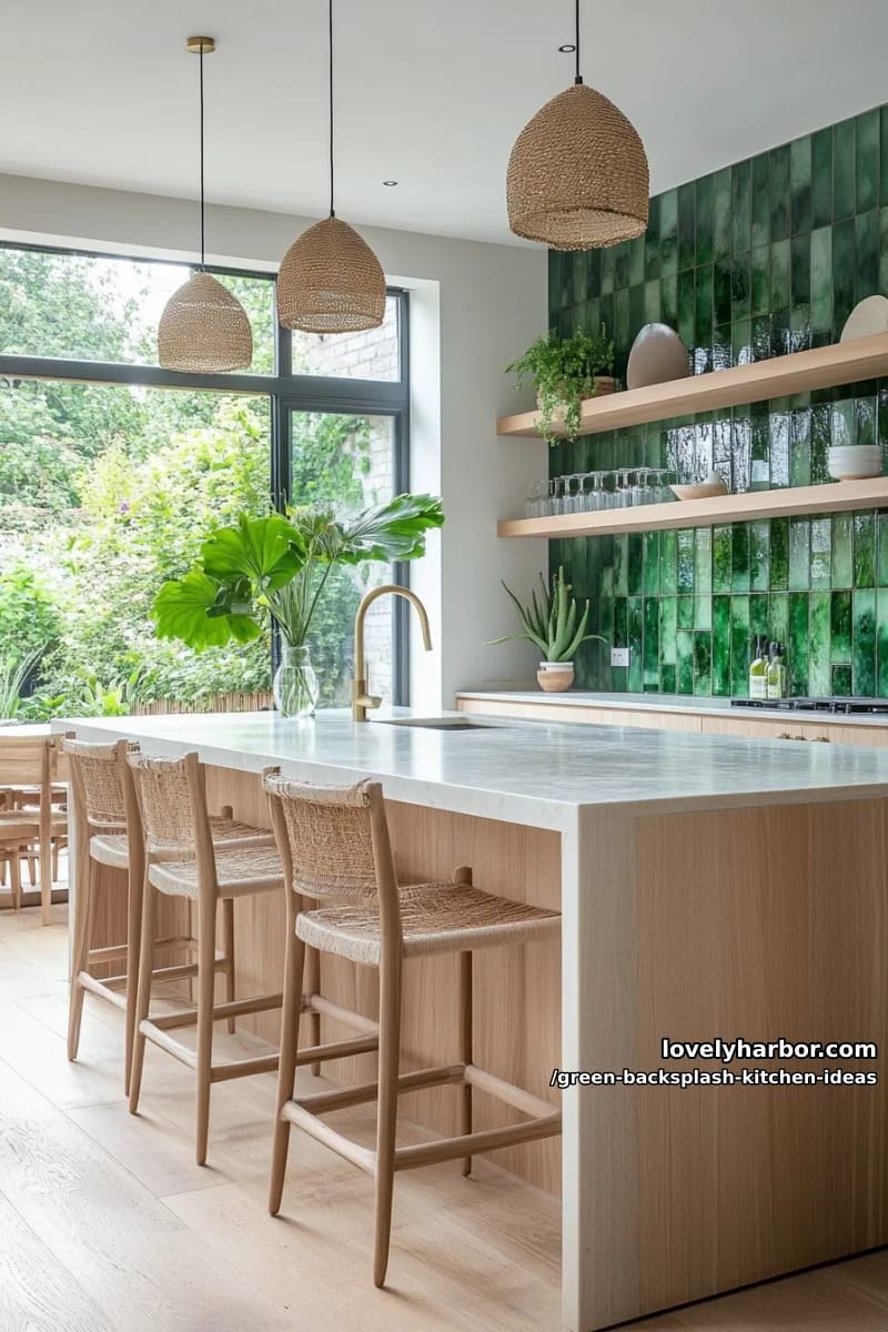 variegated green glass tiles reflecting natural light for a vibrant look. 1
