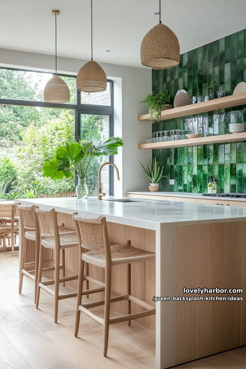 15 Green Backsplash Ideas for Modern Kitchens 19 variegated green glass tiles reflecting natural light for a vibrant look. 1
