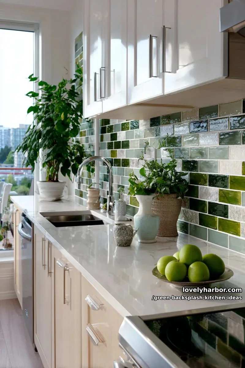 15 Green Backsplash Ideas for Modern Kitchens 20 variegated green glass tiles reflecting natural light for a vibrant look. 1