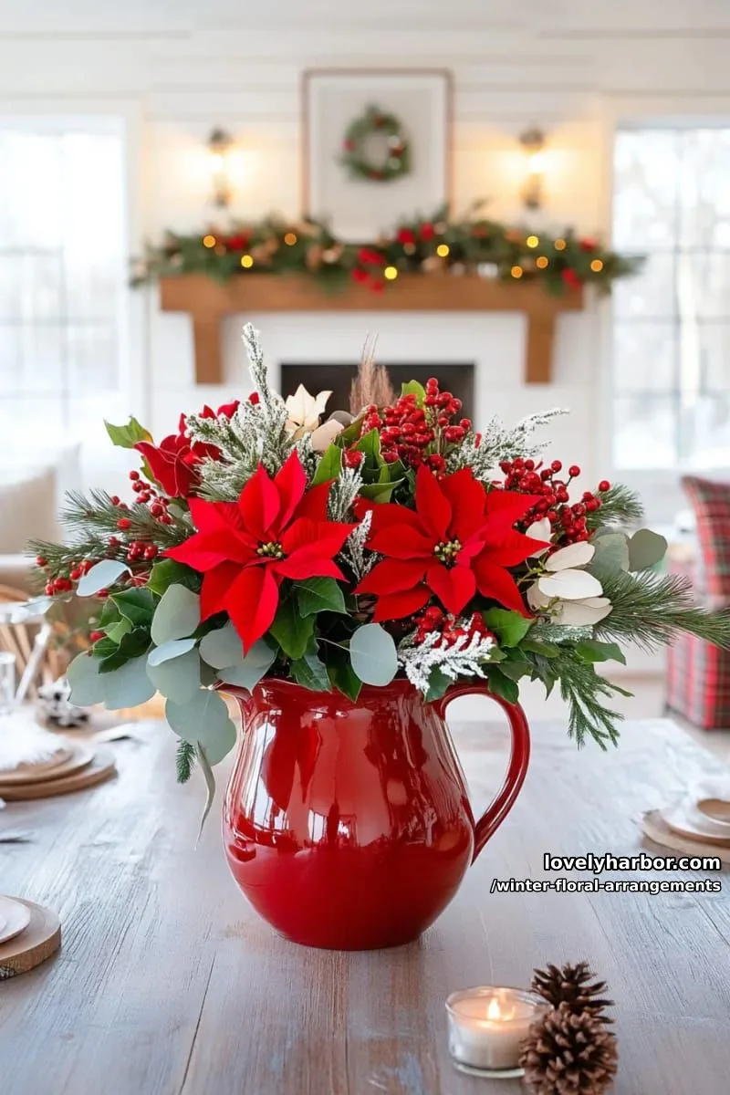 velvet poinsettias, pine cones, and lush greenery in glossy red pitcher 1