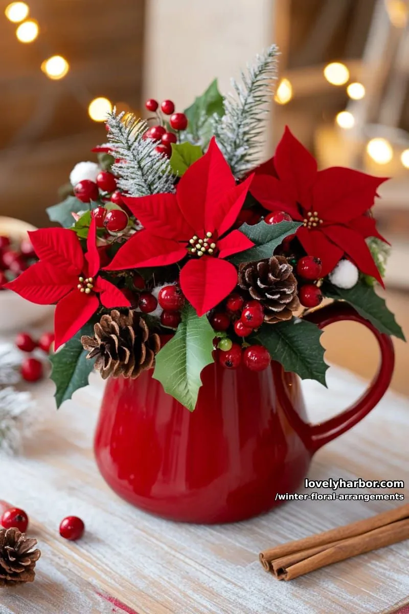 velvet poinsettias, pine cones, and lush greenery in glossy red pitcher 1