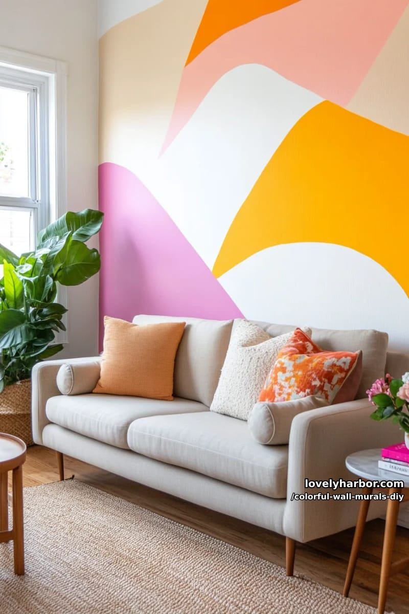 vibrant geometric wave mural with overlapping bold curves in sunset shades 1